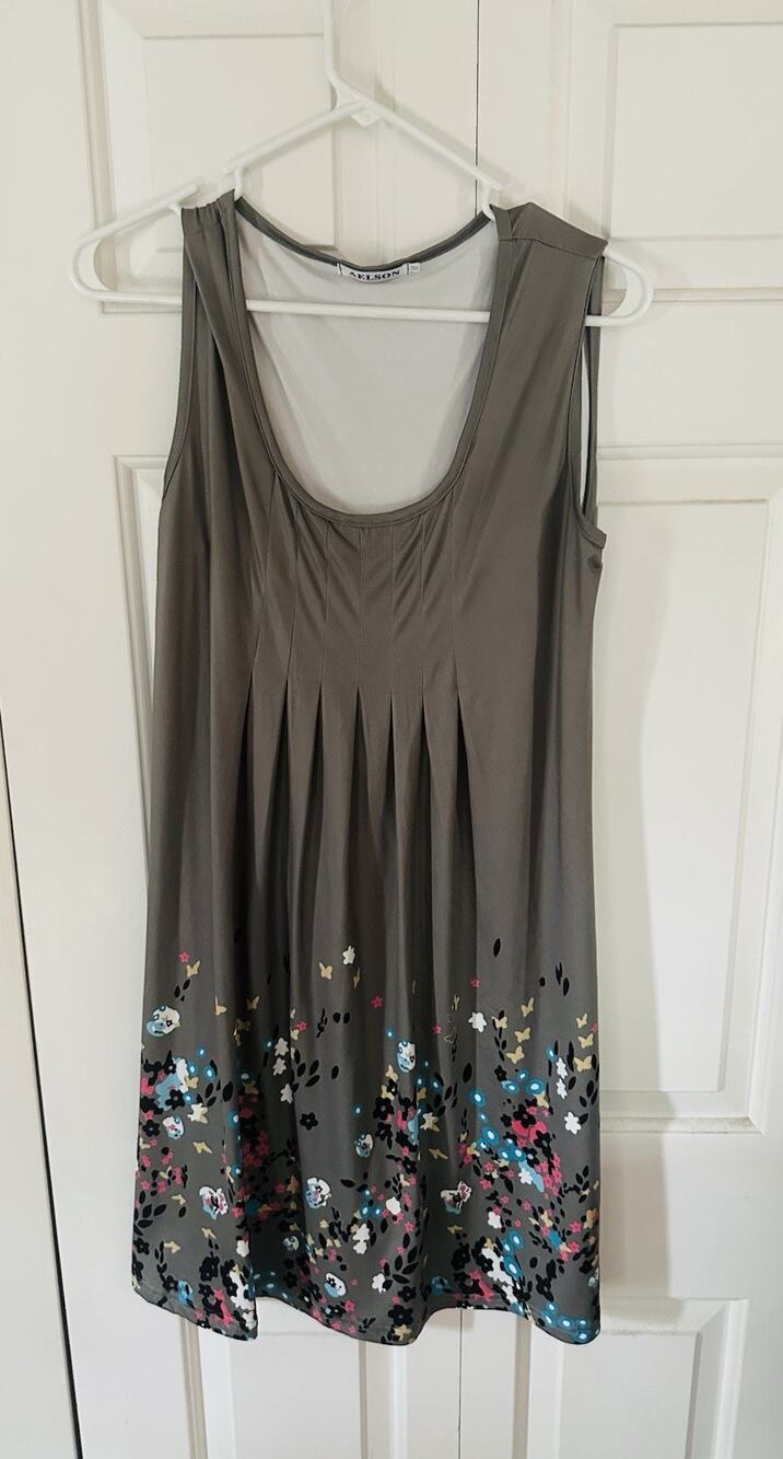 AELSON Women's Sleeveless Floral Print Nightgown Scoop Neck Pleats Gray Size M